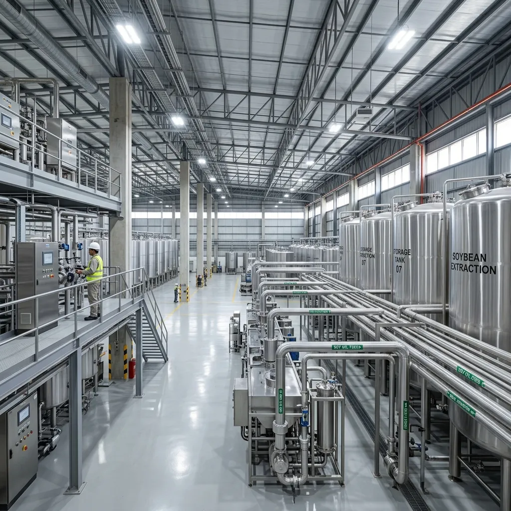 Modern clean interior of a soybean processing plant with stainless steel tanks and piping
